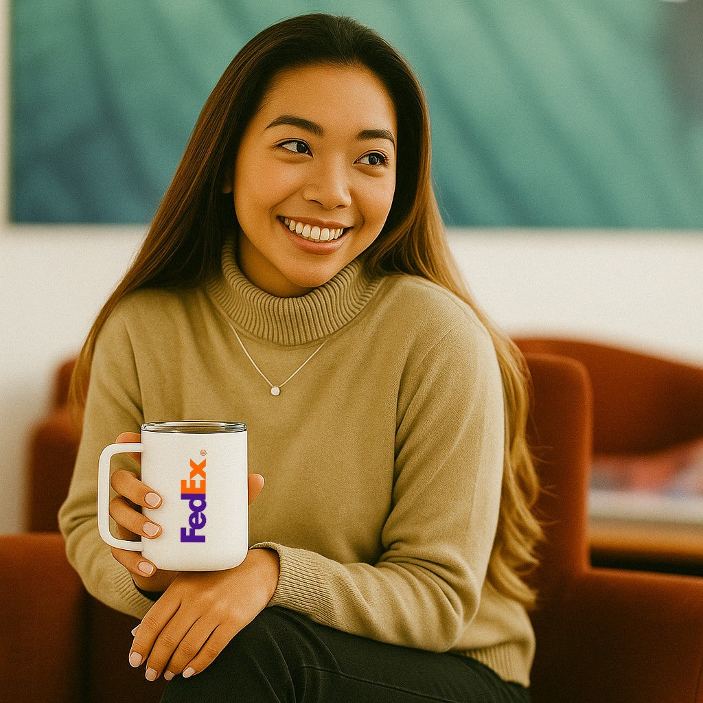 coffee mugs with fedex company logo in white
