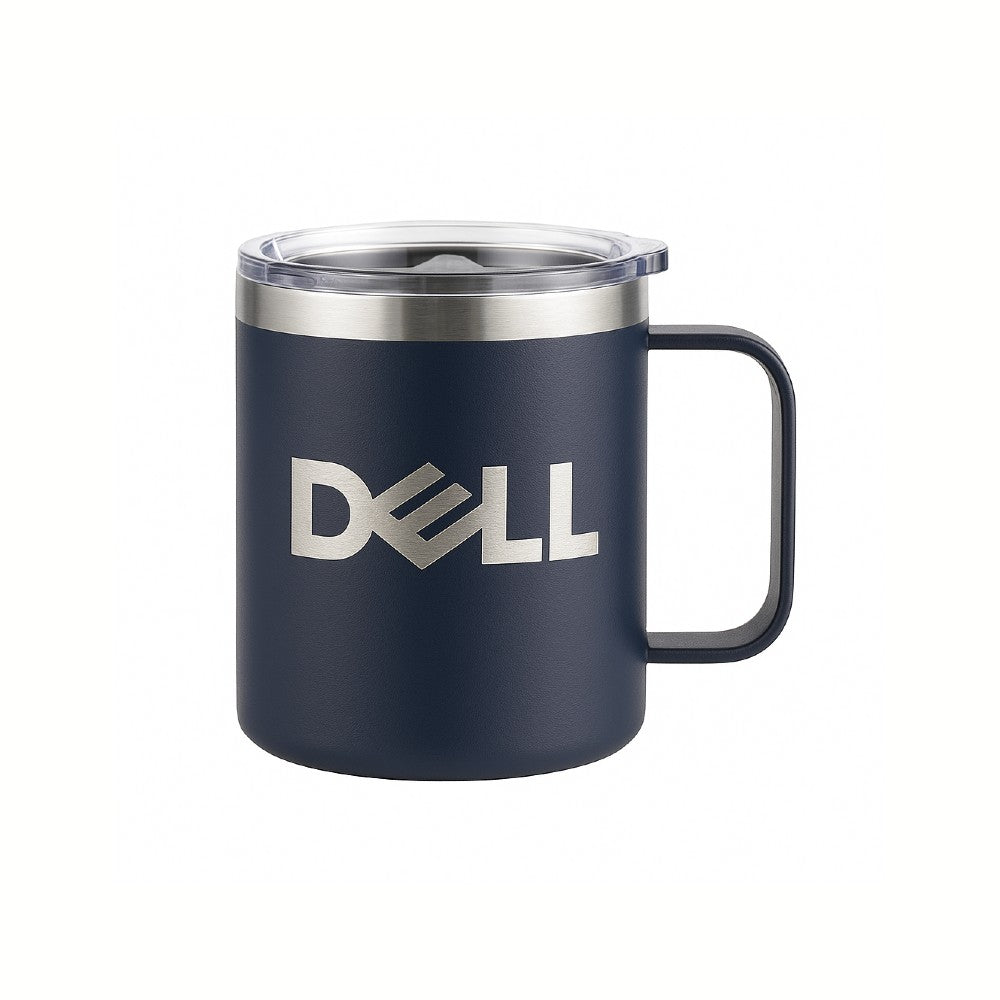 Navy blue mug with silver handle and 'DELL' logo on a white background