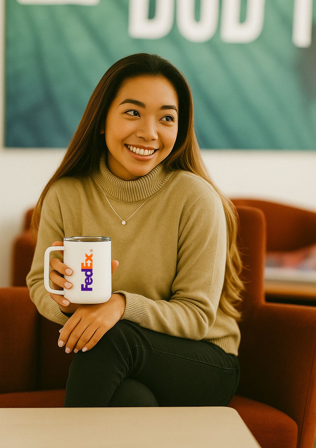 Woman holding a FedEx company logo branded mug in an indoor setting with a green banner in the background