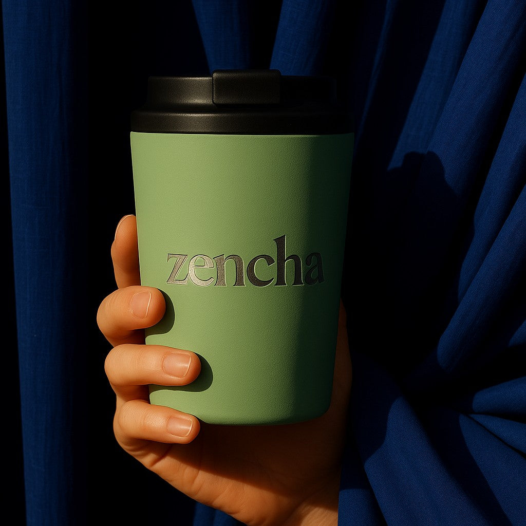 green coffee mug with laser engraved company logo