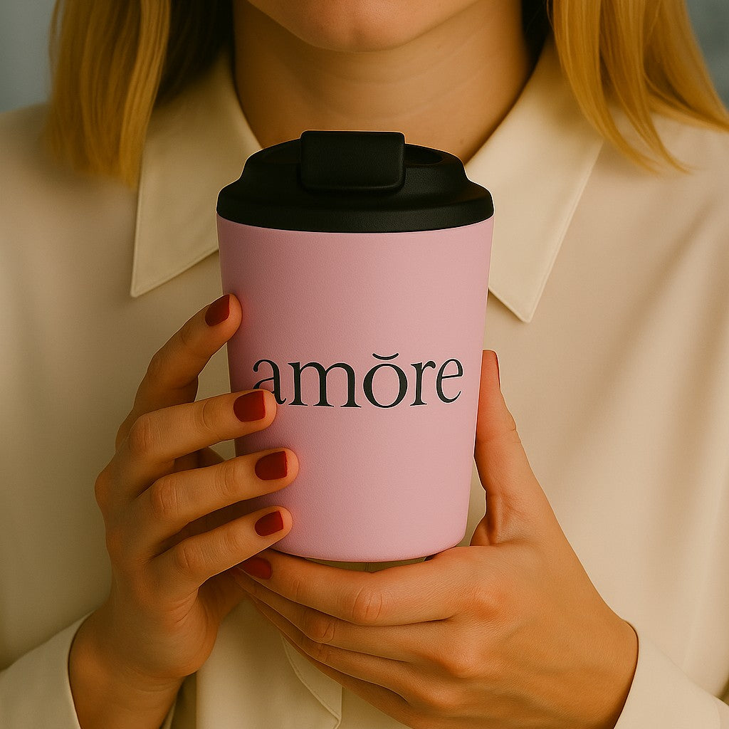 Person holding a pink branded coffee cup with 'amore' text