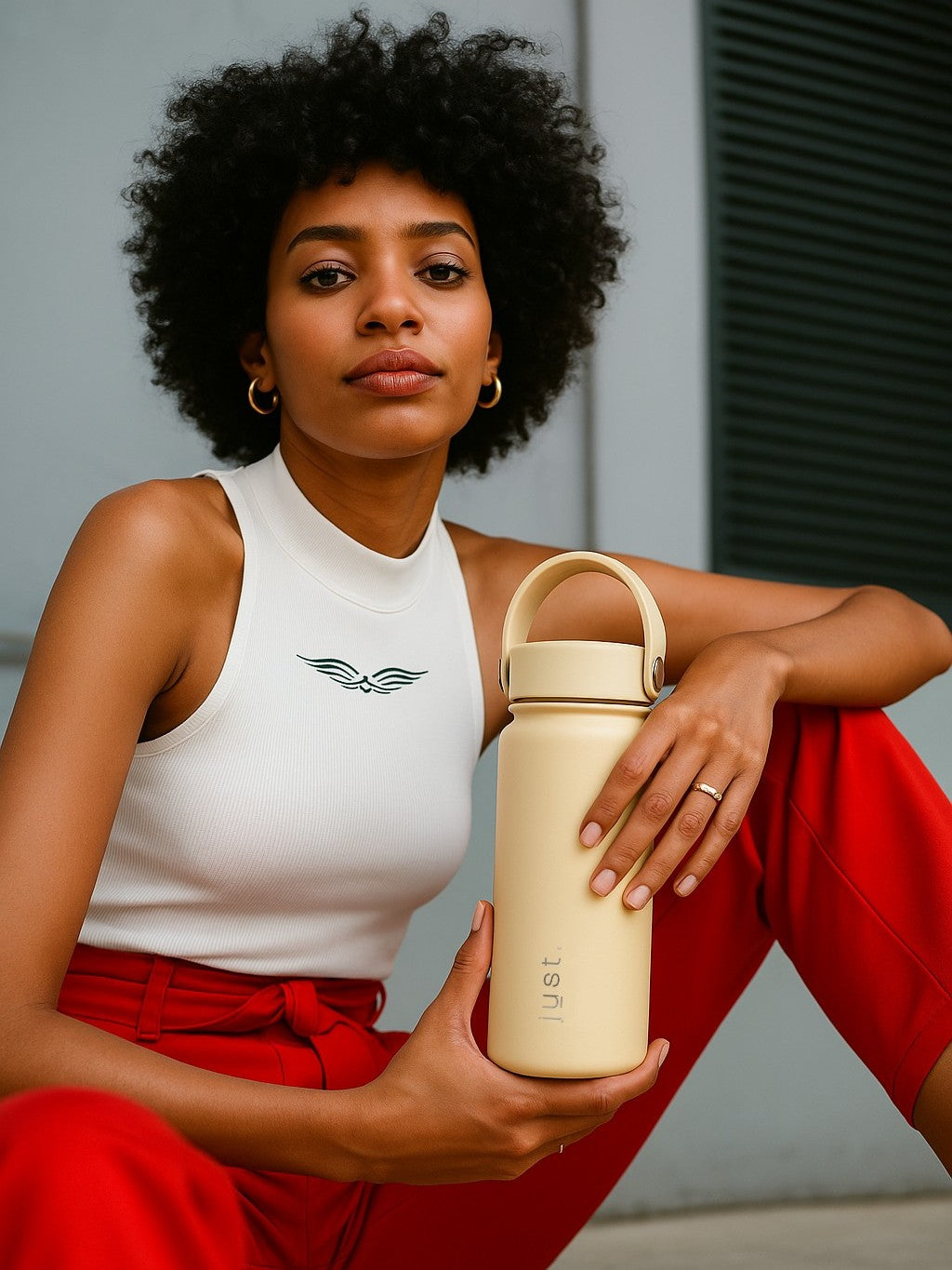 Woman holding a beige stainless steel 550ml 18 oz water bottle on a neutral background