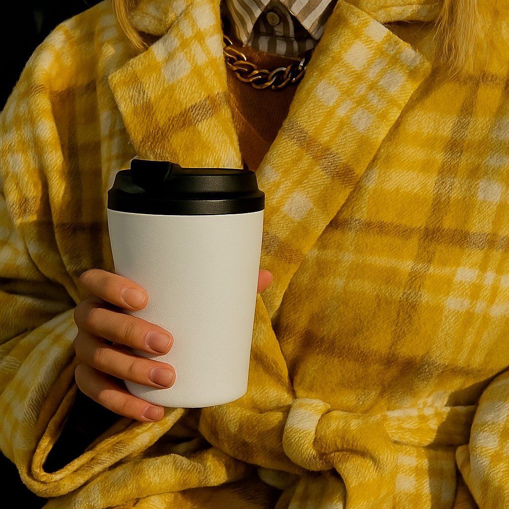 Person wearing yellow holding a Brew Cup reusable coffee cup in white