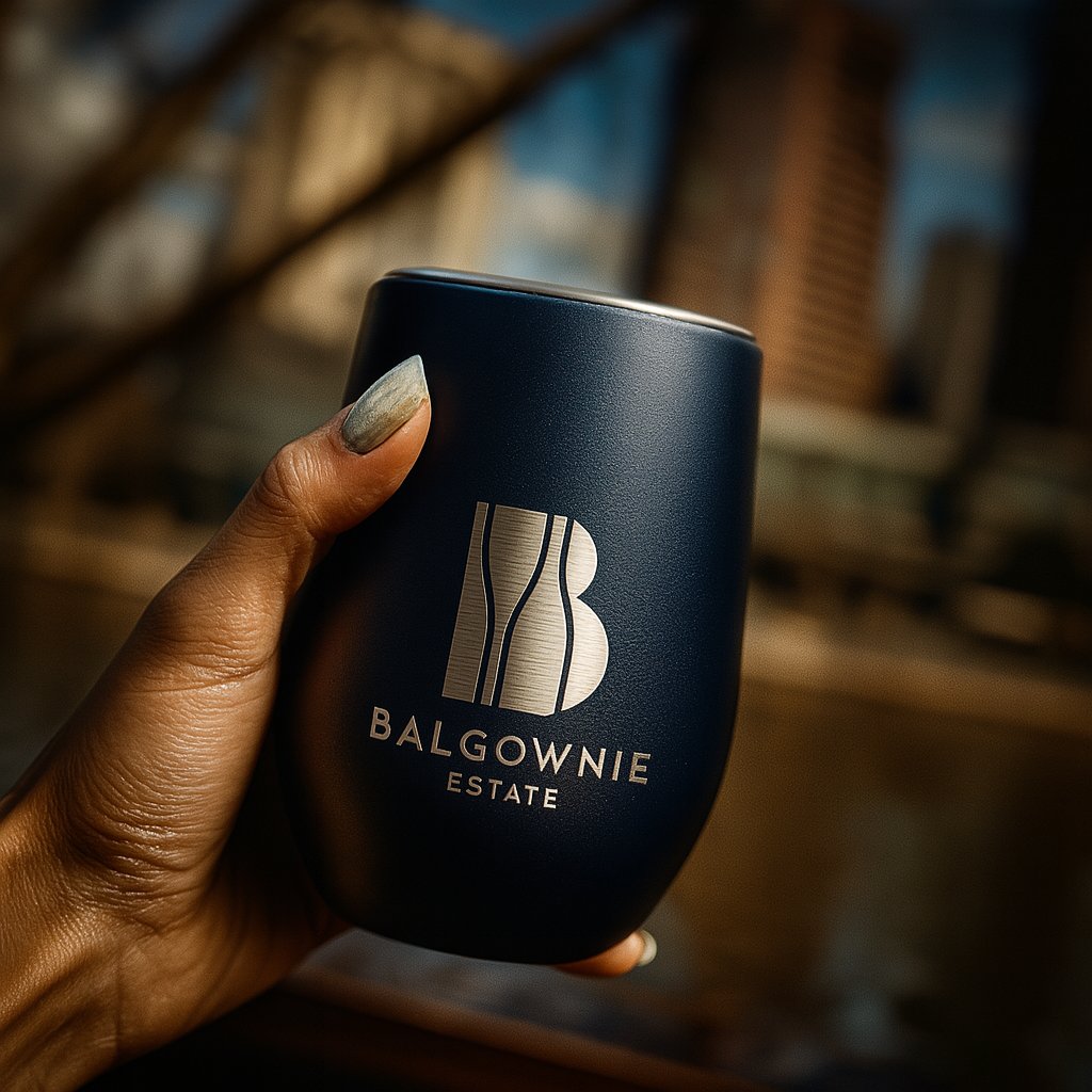 Hand holding a dark blue tumbler cup with Balgownie Estate logo laser etched against a blurred background