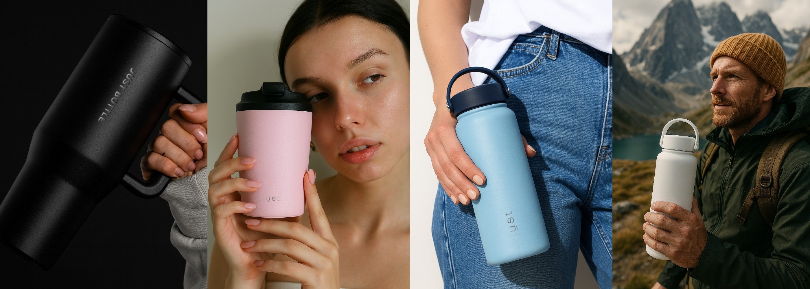 People holding Just Bottle water bottles, coffee cups and tumblers