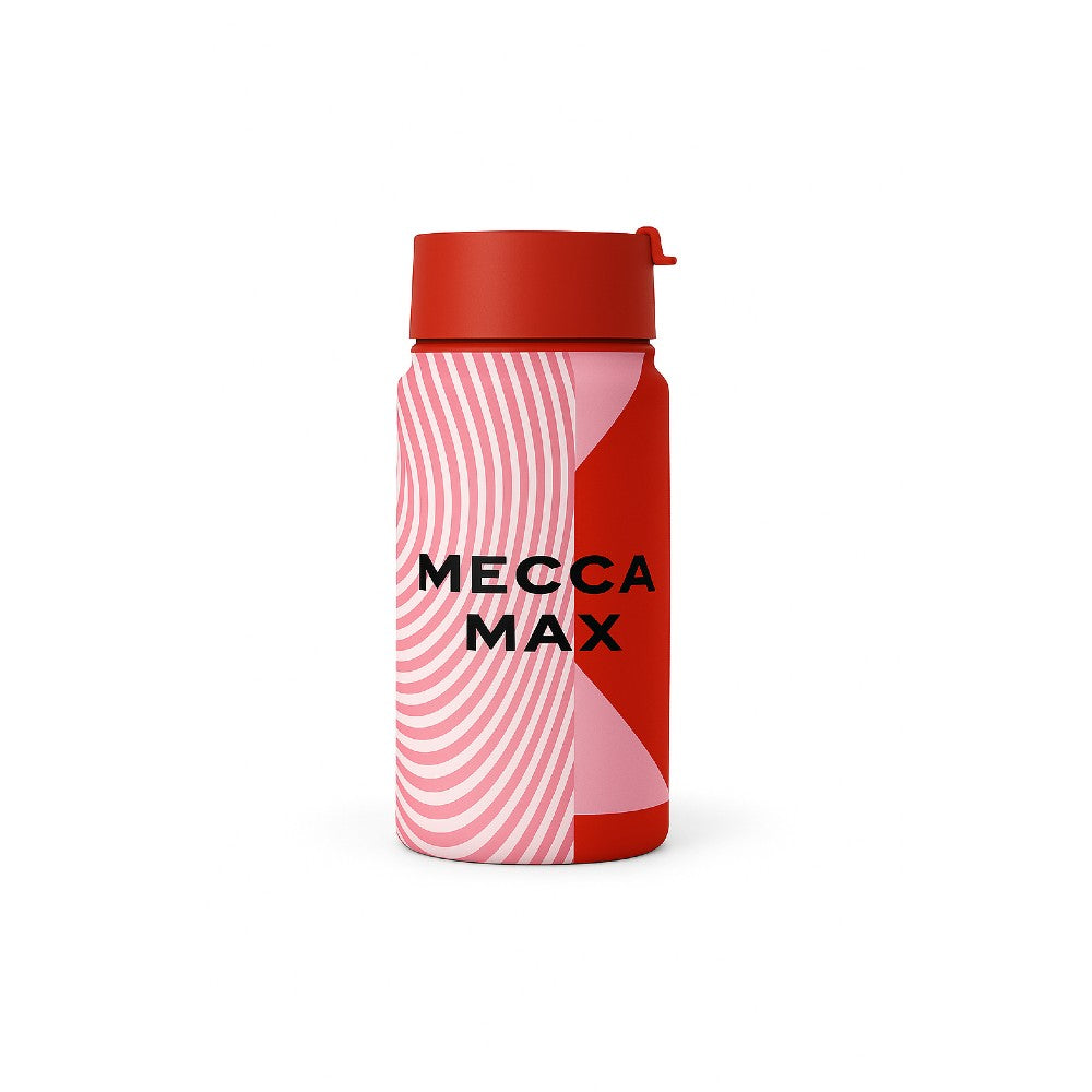 travel coffee mug with company logo in red on white background