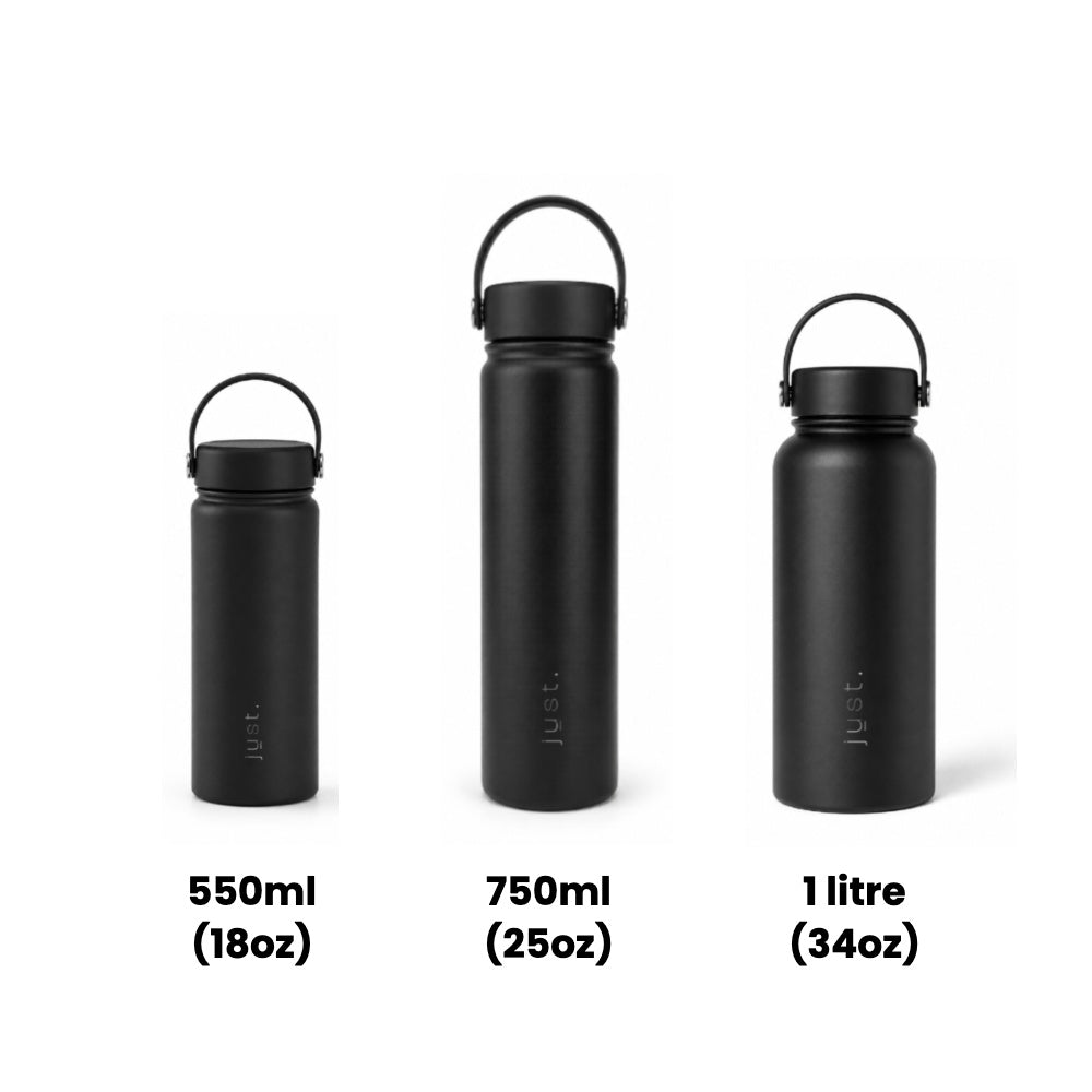 Size comparison of 550ml (18oz) 750ml (25oz) and 1L (34oz) Just Bottle Nomad stainless steel water bottles