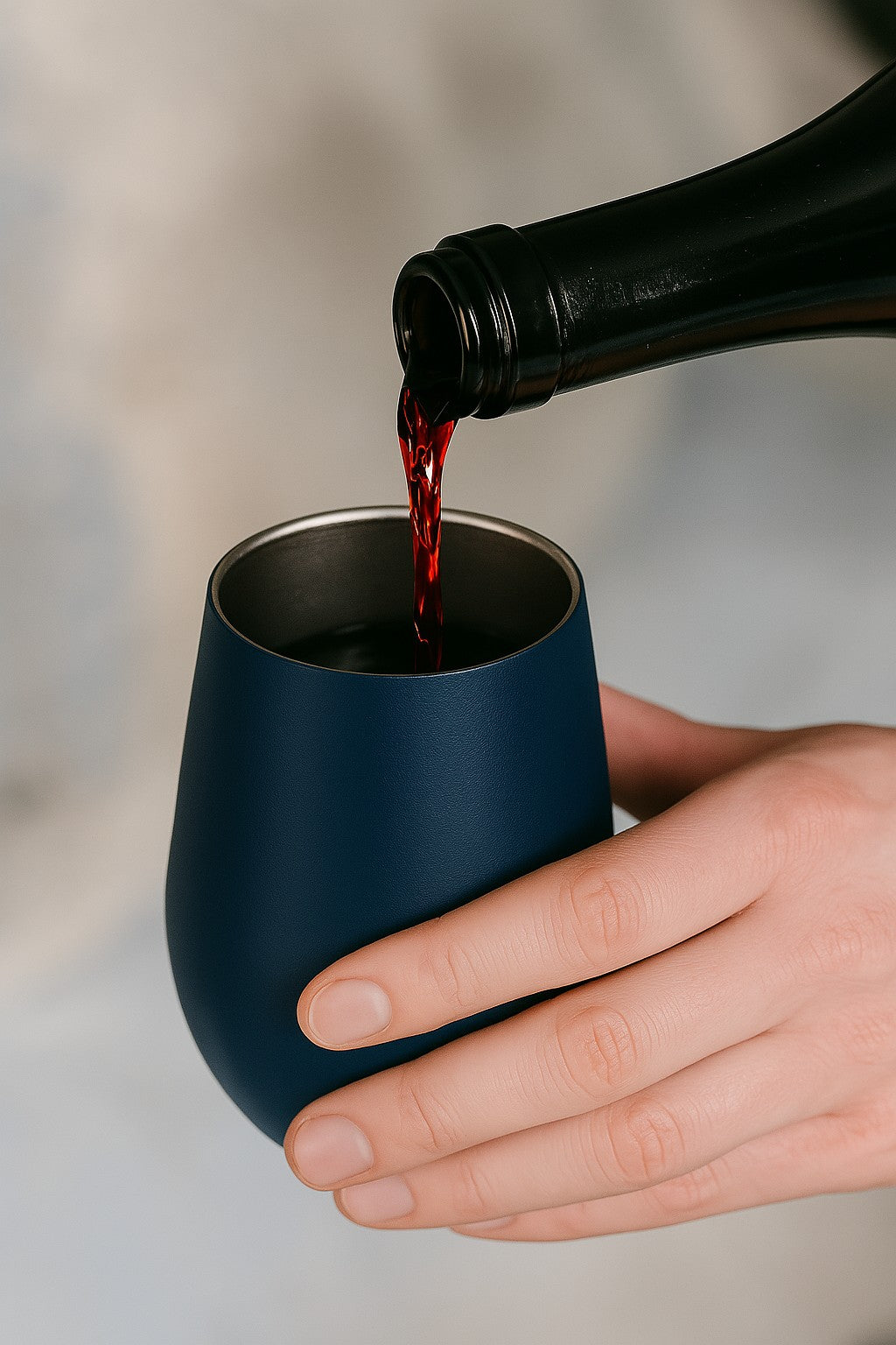 wine being poured into a blue tumbler