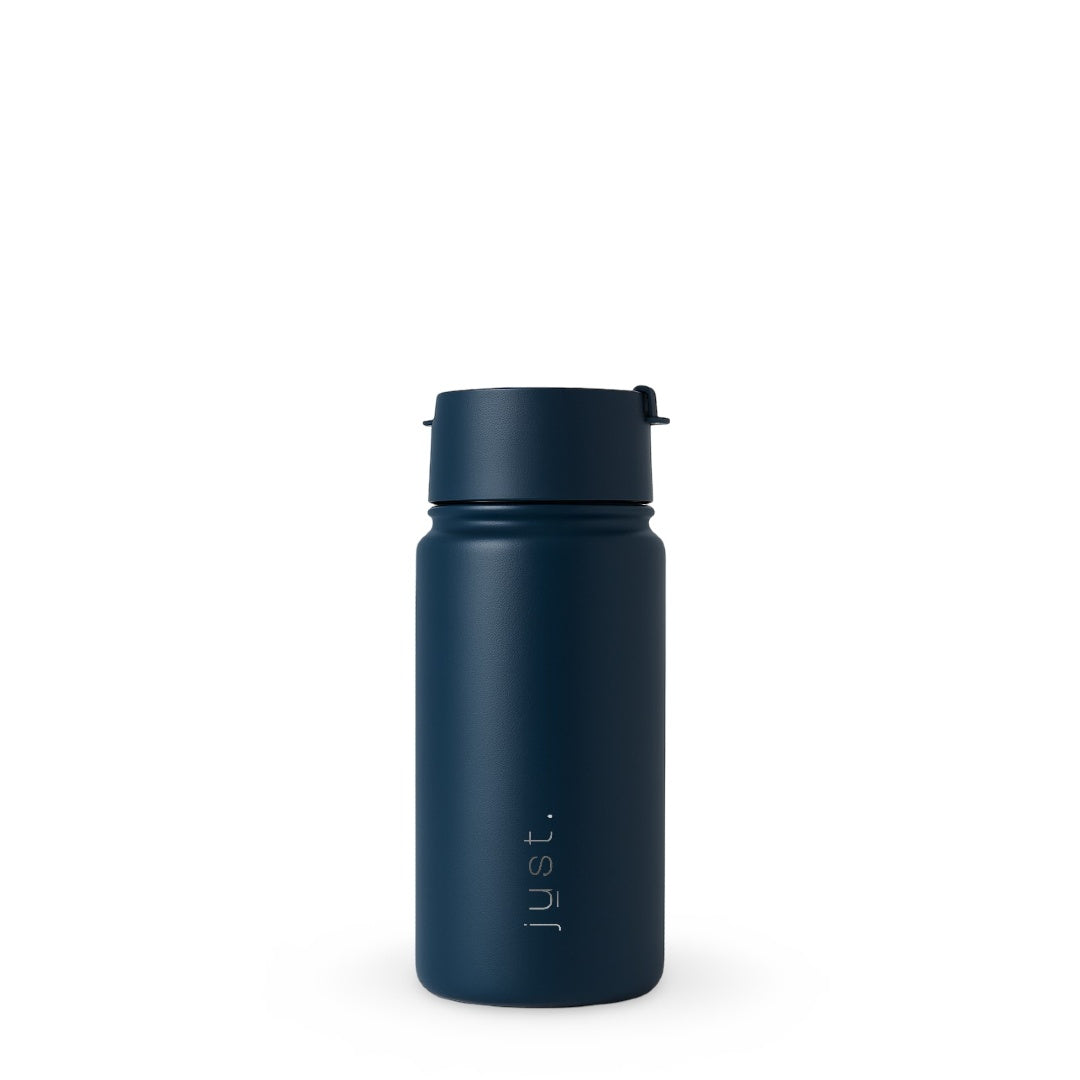 Insulated travel coffee mug in dark blue, front view