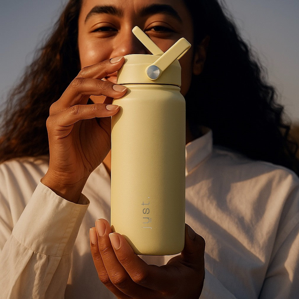 Person holding a beige Just Bottle stainless steel water bottle with a straw lid, wearing a white shirt.
