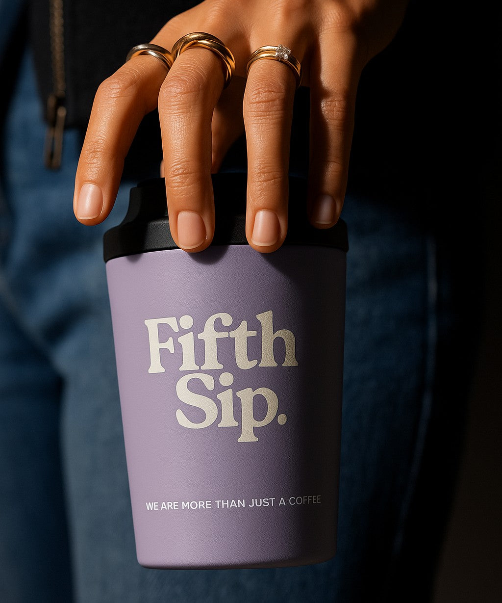 purple coffee mug with business logo
