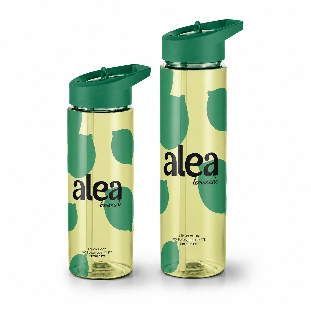 500ml and 600ml rPET plastic bottles with custom print and straw lid on a plain background