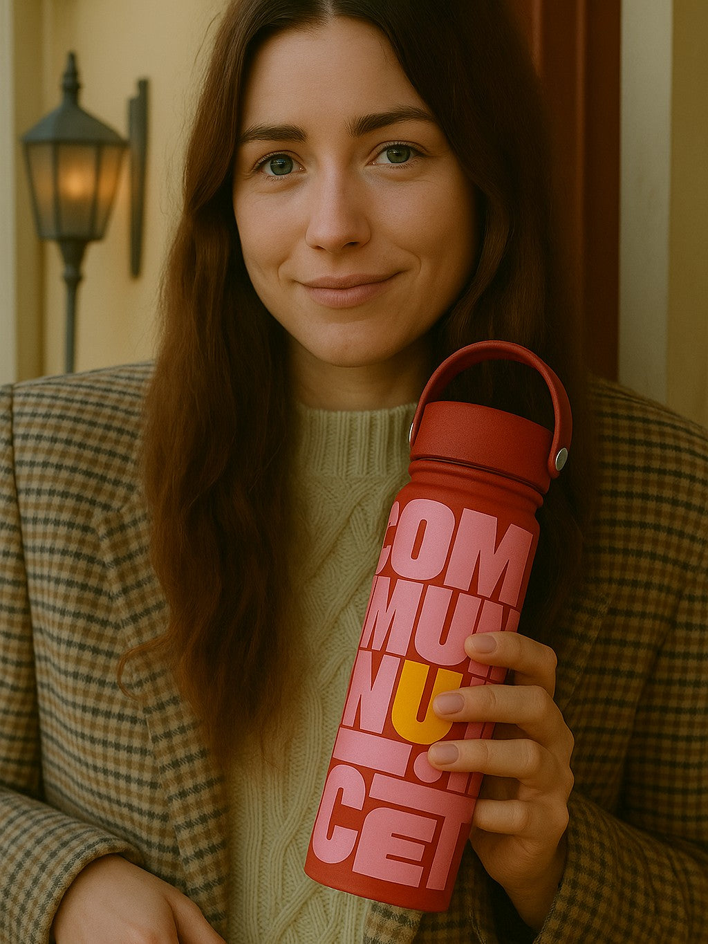 person holding a red stainless steel water bottle with company logo