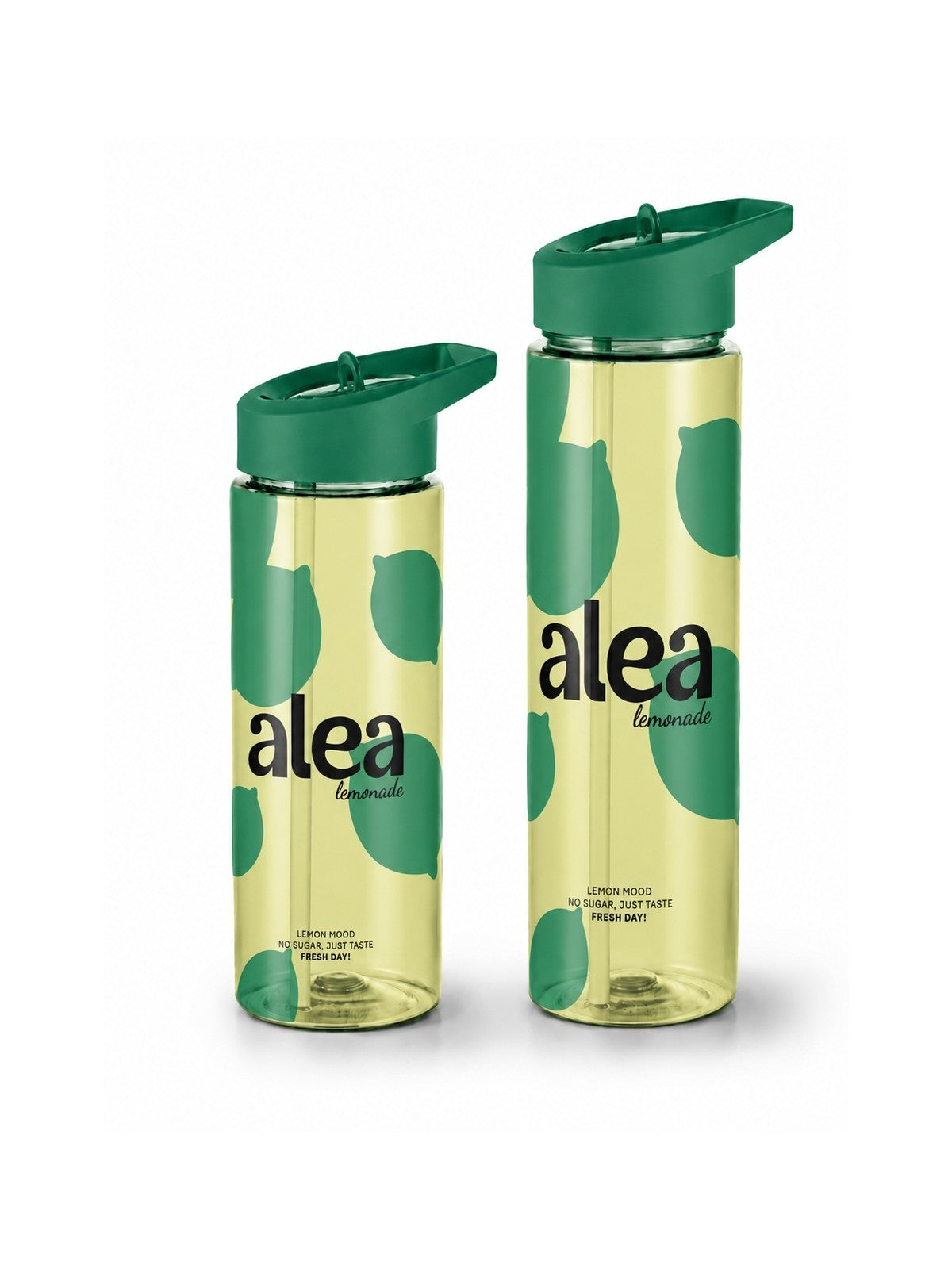 Two recycled plastic water bottles with straw lids and wrap around branding on a plain background