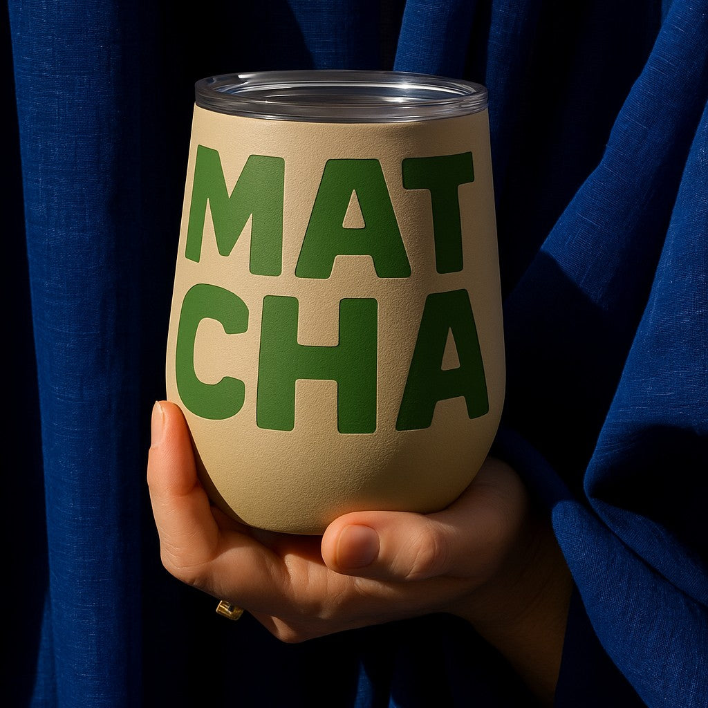 Person holding a beige tumbler with 'MATCHA' branding in green letters against a blue background