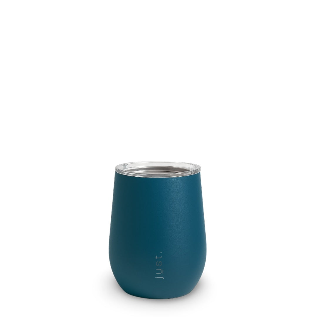 Just Bottle 350ml (12oz) insulated stemless wine tumbler in blue, front view on a plain white background