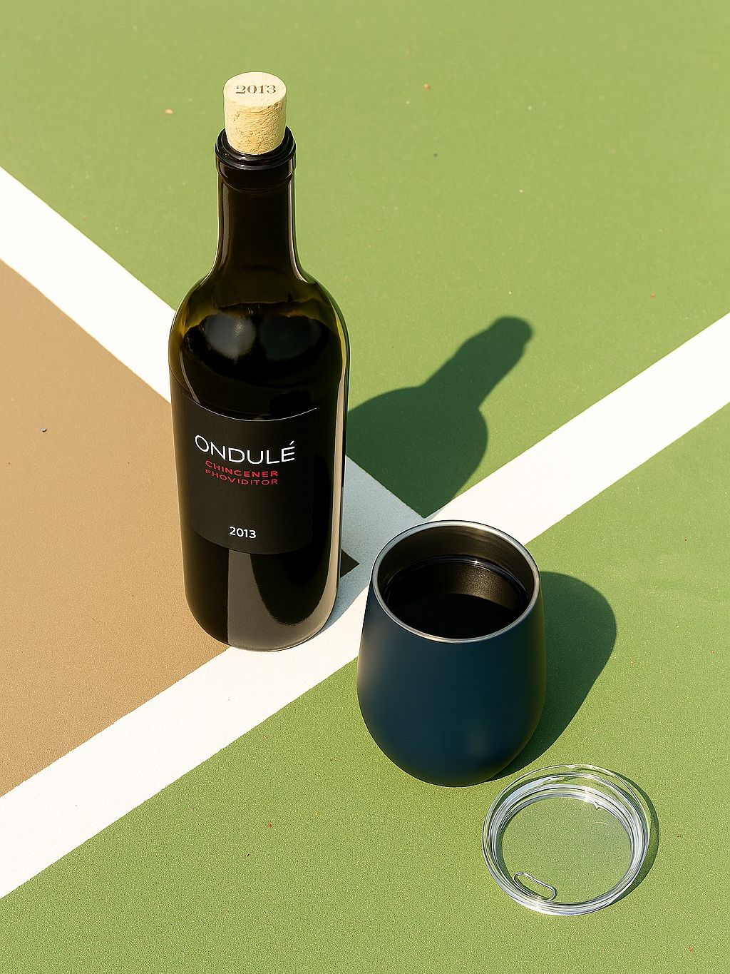 stemless tumbler cup by Just Bottle next to a wine bottle on a tennis court