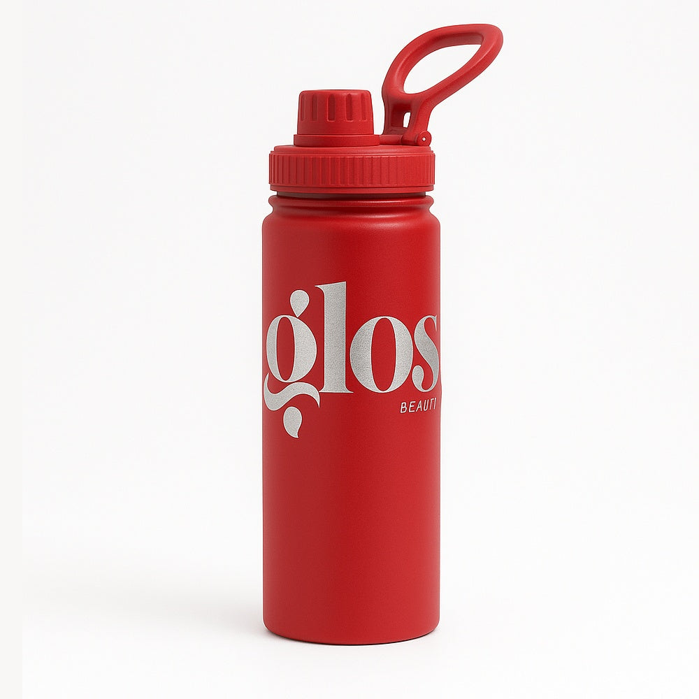 Red business logo water bottle with 'glos' logo on a white background