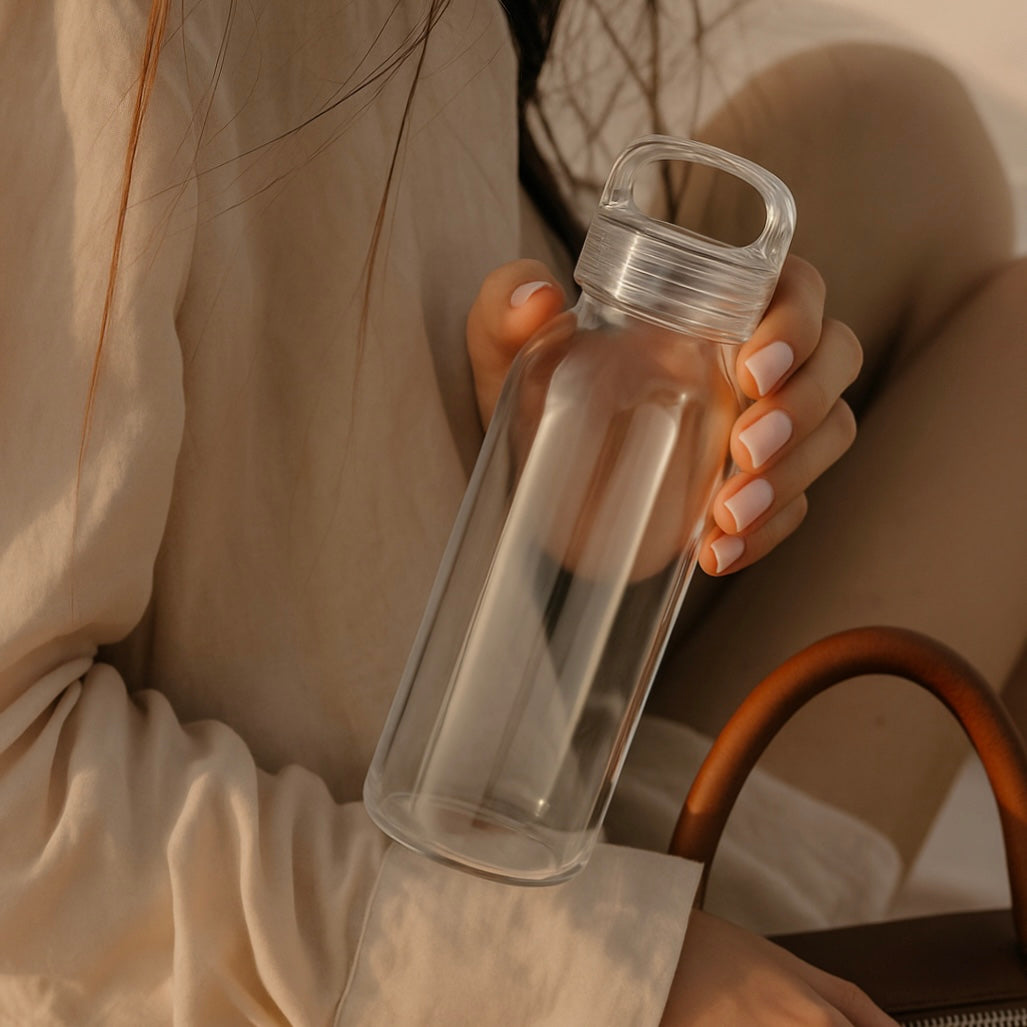 Minimal glass water bottle with handle