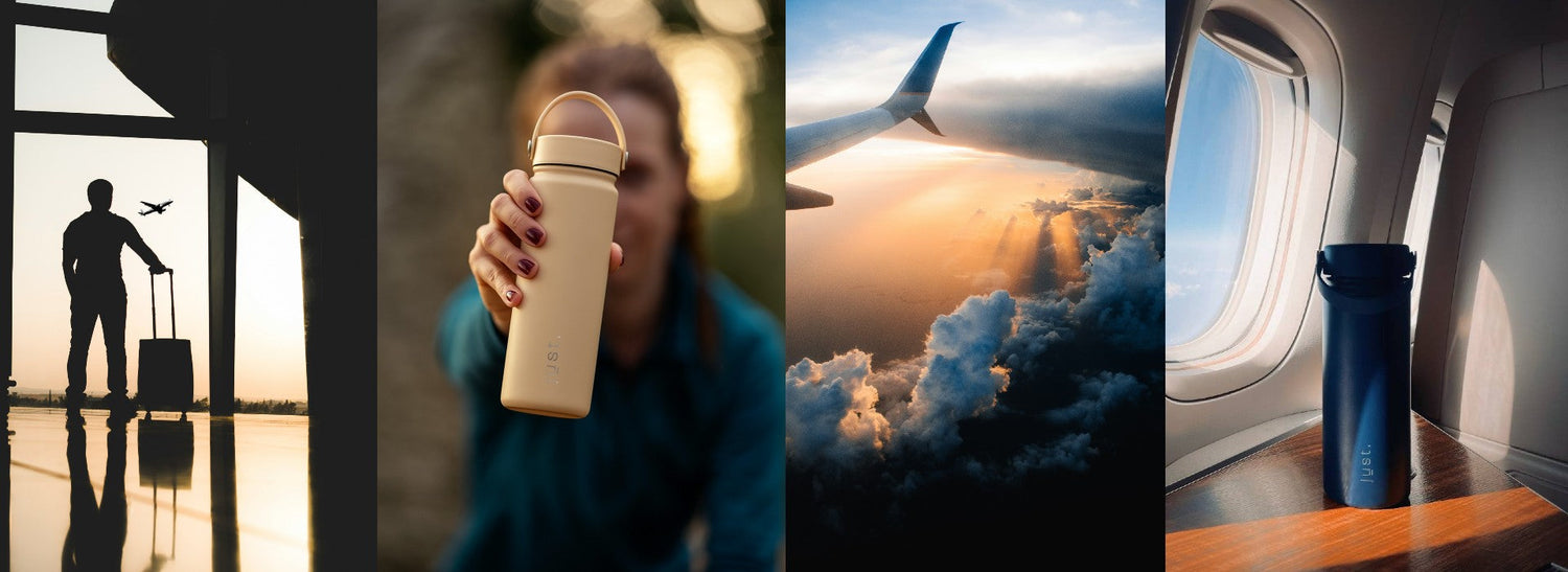 people holding water bottles and images of airports and planes
