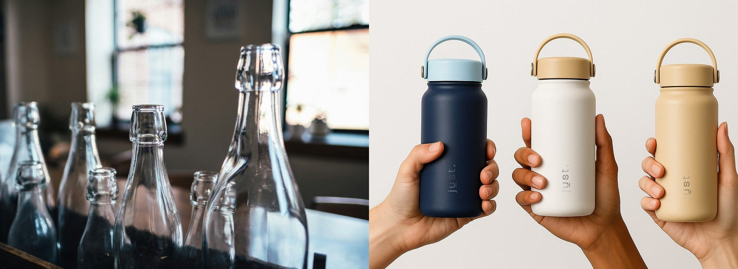 old glass bottles next to modern stainless steel bottles
