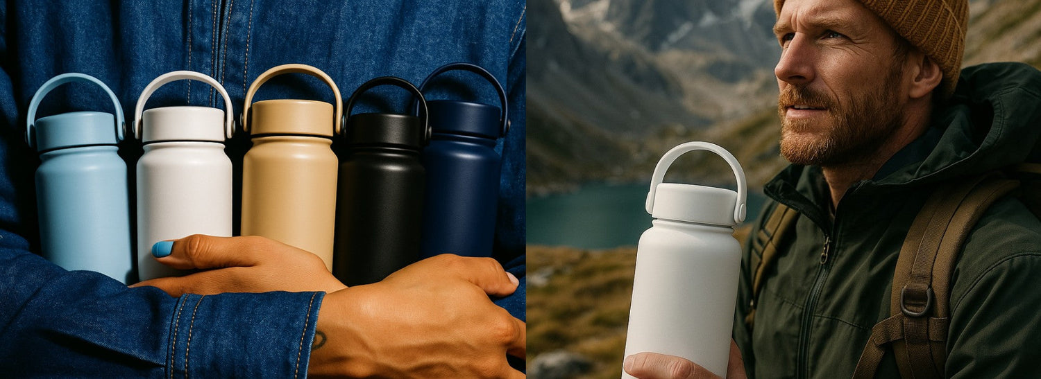 people holding 32 oz stainless steel water bottles