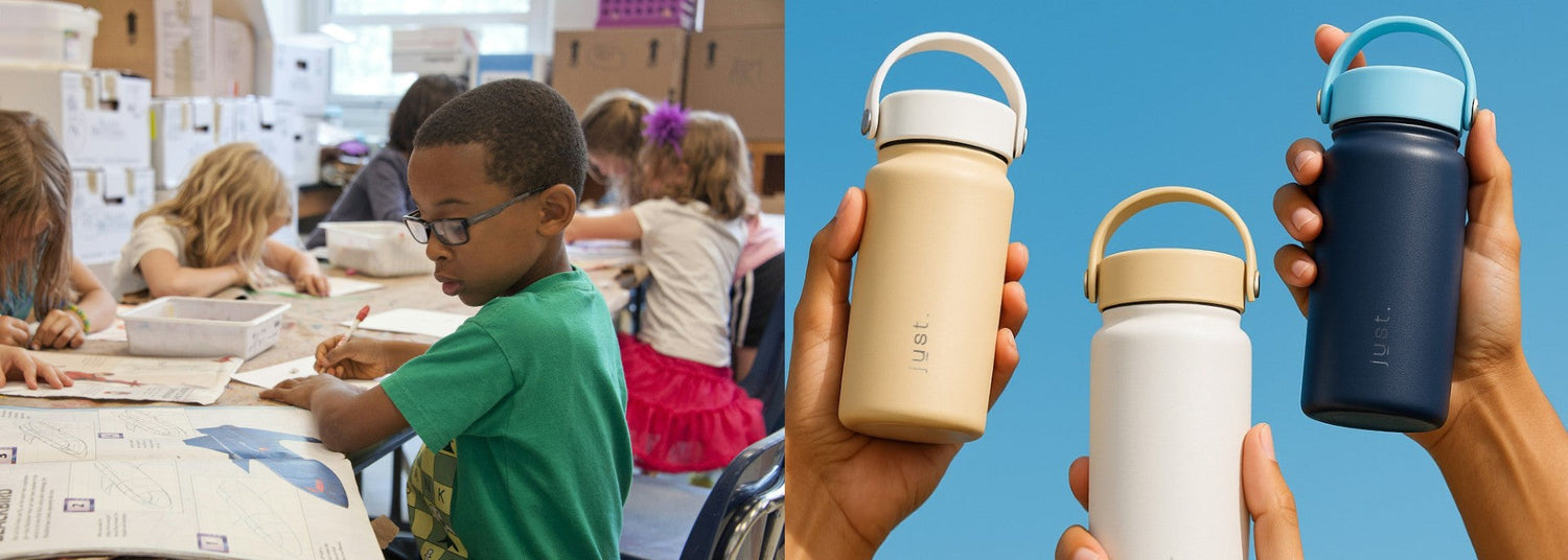kids at school and Just Bottle reusable water bottles