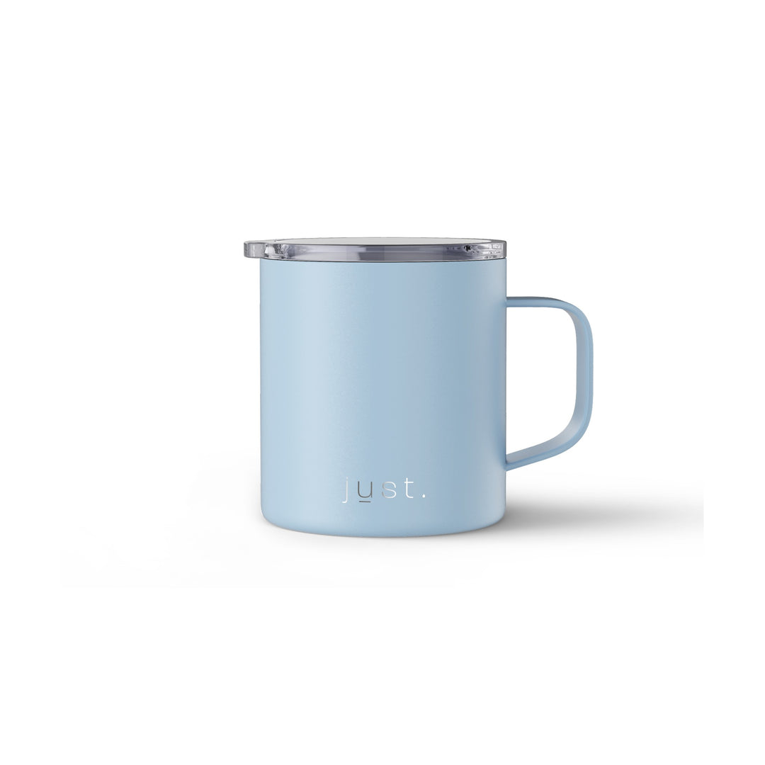 light blue metal coffee mug