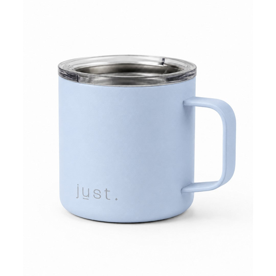Light blue 10oz stainless steel insulated camp mug from Just Bottle, side view on a white background