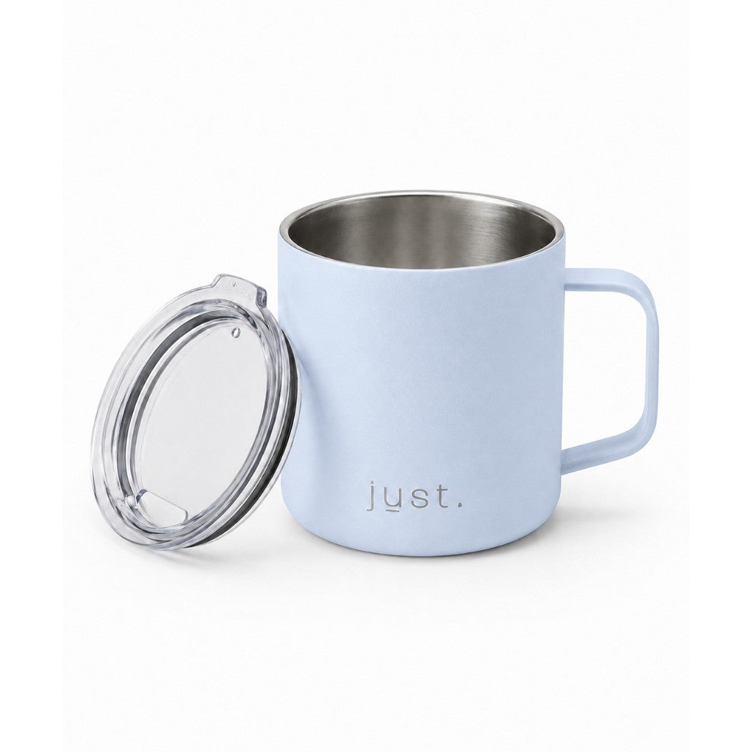 Light blue 10oz stainless steel insulated camp mug from Just Bottle, front view on a white background with lid next to mug