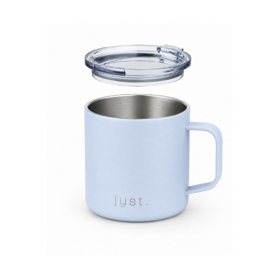 Light blue 10oz stainless steel insulated camp mug from Just Bottle, front view on a white background with lid hovering above mug