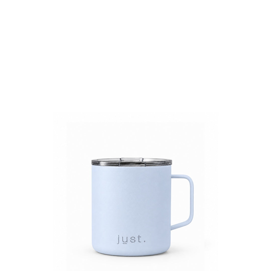 Light blue 10oz stainless steel insulated camp mug from Just Bottle, front view on a white background