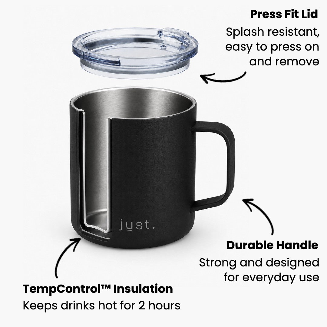 Infographic showing Just Bottle 10oz camp mug features in black