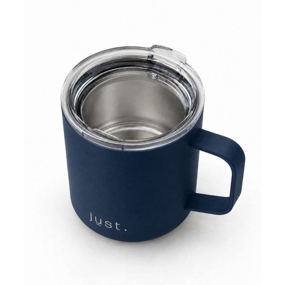 Dark blue 10oz stainless steel insulated camp mug from Just Bottle, top down view on a white background