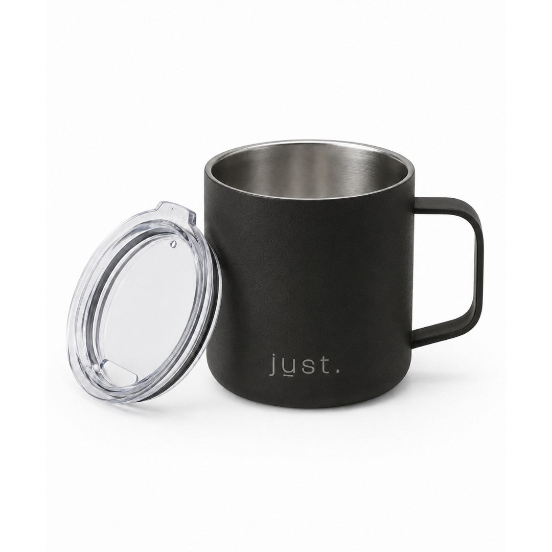 Black 10oz stainless steel insulated camp mug from Just Bottle, front view on a white background with lid next to mug