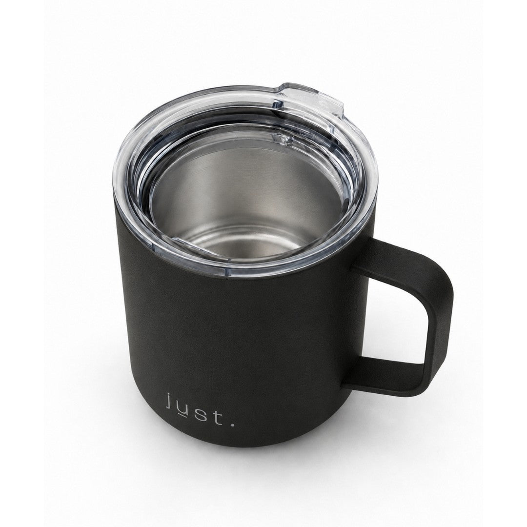 Black 10oz stainless steel insulated camp mug from Just Bottle, top down view on a white background