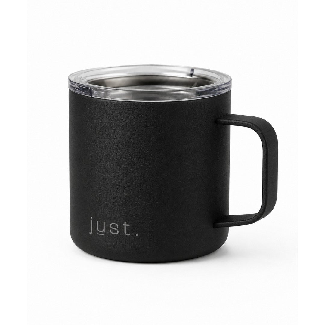 Black 10oz stainless steel insulated camp mug from Just Bottle, side view on a white background