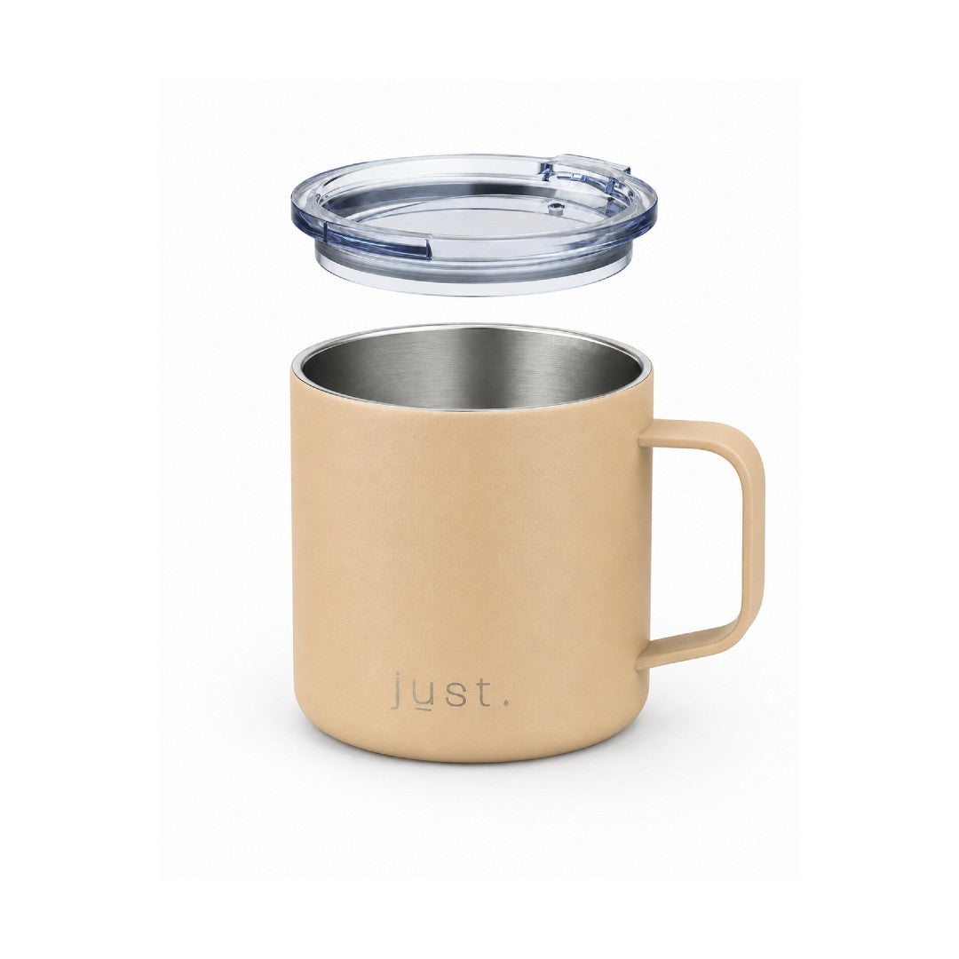 Beige 10oz stainless steel insulated camp mug from Just Bottle, front view on a white background with lid hovering above mug