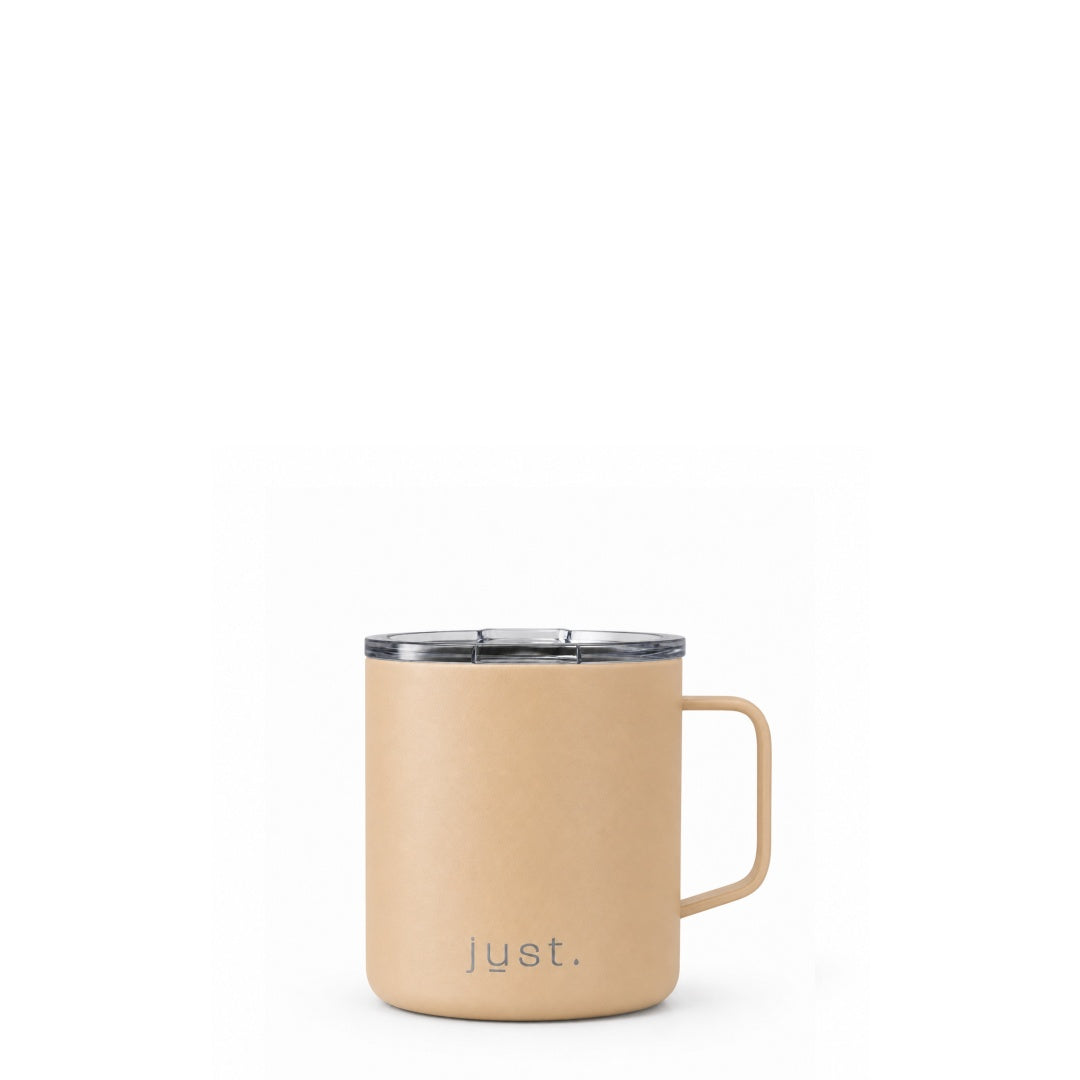 Beige 10oz stainless steel insulated camp mug from Just Bottle, front view on a white background