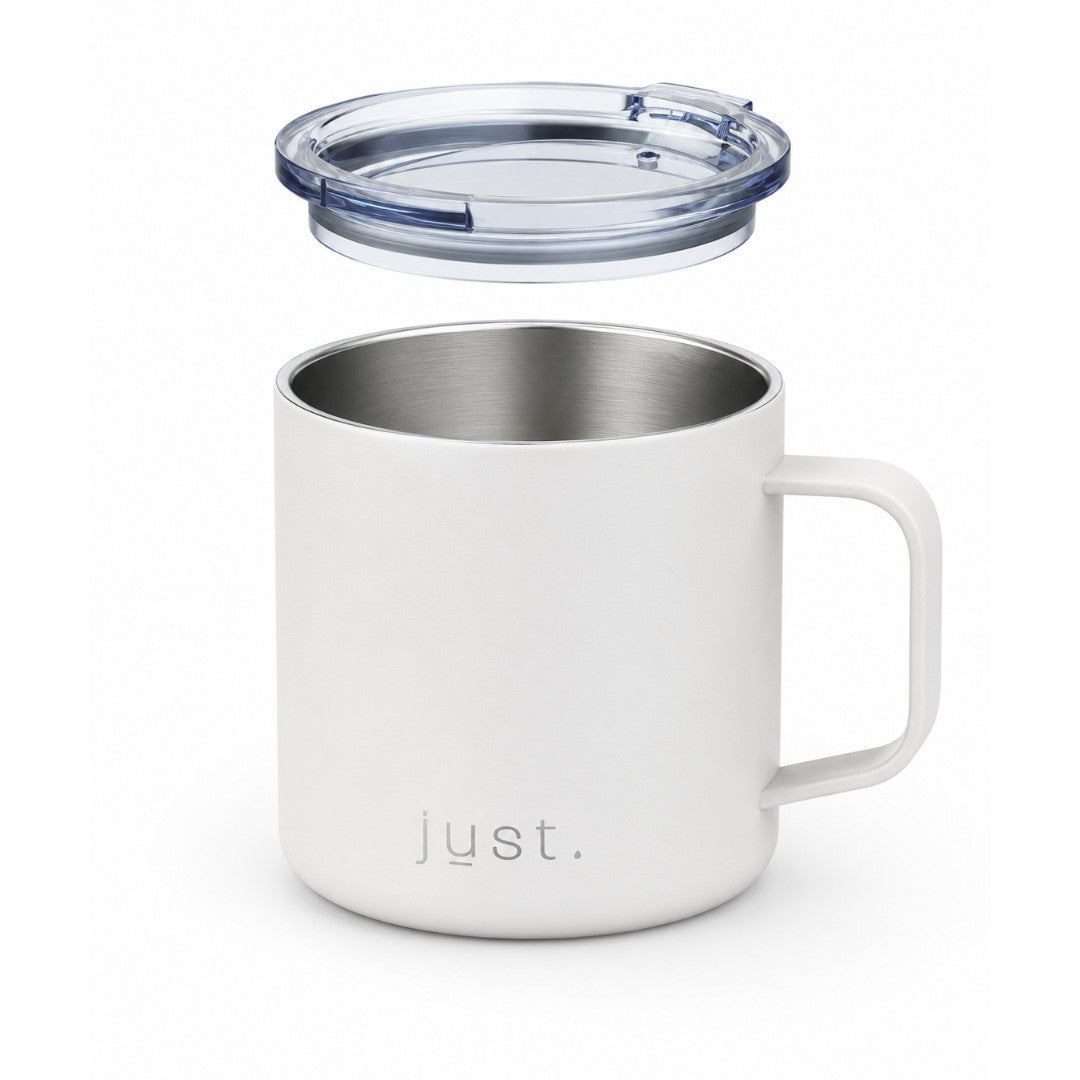 White 10oz stainless steel insulated camp mug from Just Bottle, front view on a white background with lid hovering above mug