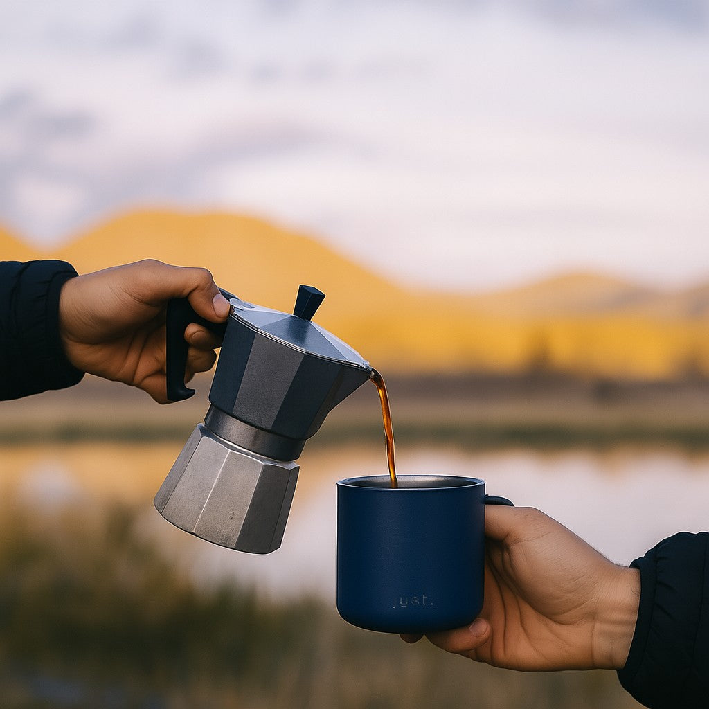 Person pouring coffee from a Moka pot into a 12 oz blue travel mug with a scenic background