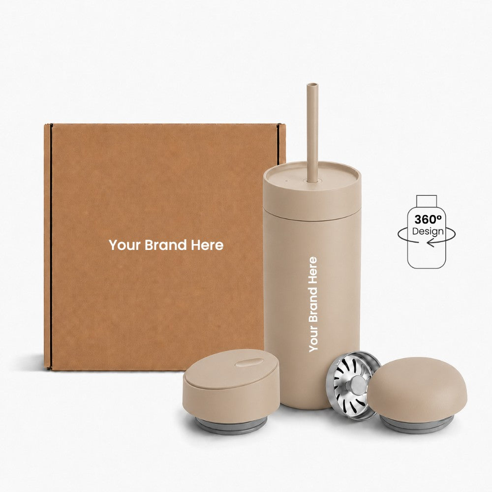 Just Bottle all day tumbler 3 in 1 gift set with custom logo branding in beige colour, front view with packaging behind on a white background and 360 wrap print icon
