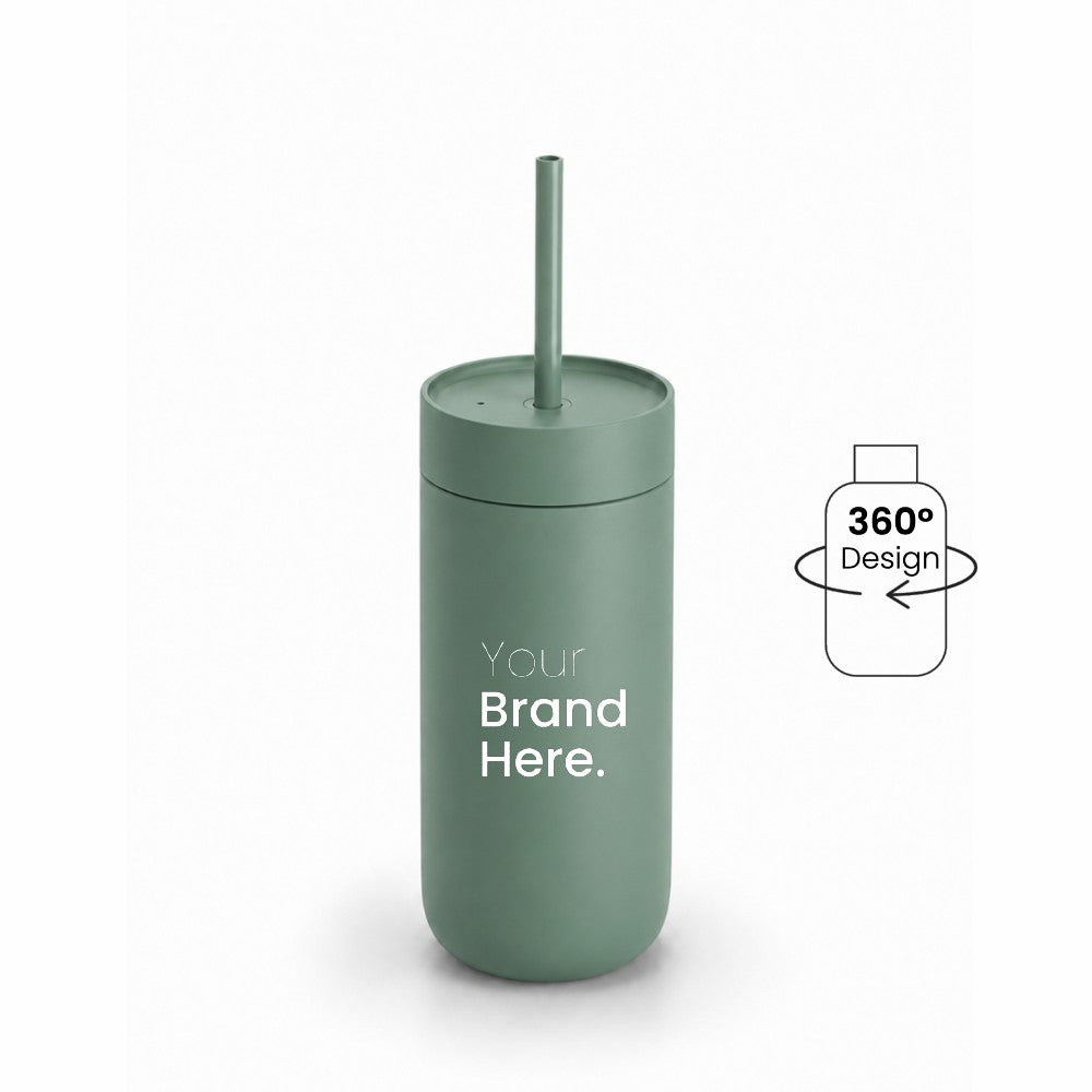 Dark green 500ml 16oz Custom logo  "Your brand here" stainless steel tumbler with straw, front view on a white background