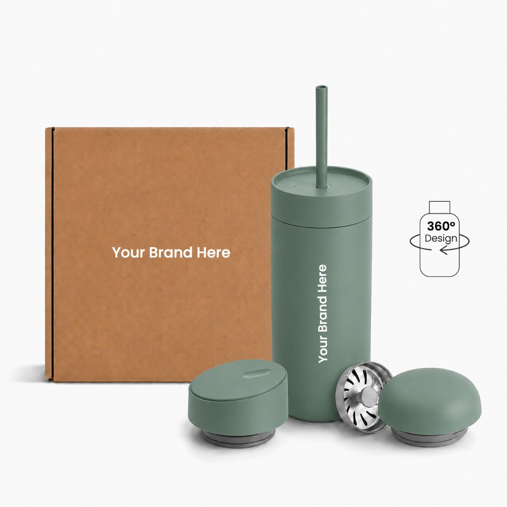 Just Bottle all day tumbler 3 in 1 gift set with custom logo branding in beige colour, front view with packaging behind on a white background and 360 wrap print icon