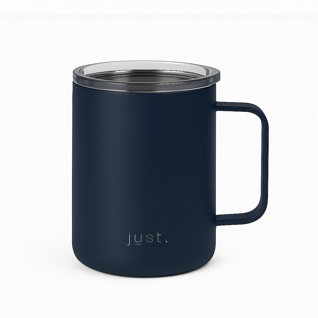 insulated travel mug in dark blue - reusable to keep drinks hot