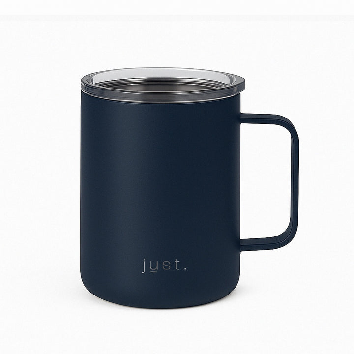 insulated travel mug in dark blue - reusable to keep drinks hot