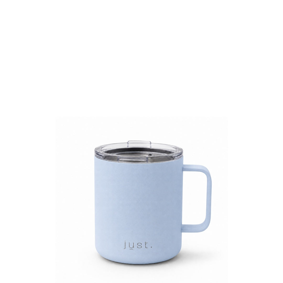12oz (350ml) stainless steel camp mug in light blue, front view on a plain white background