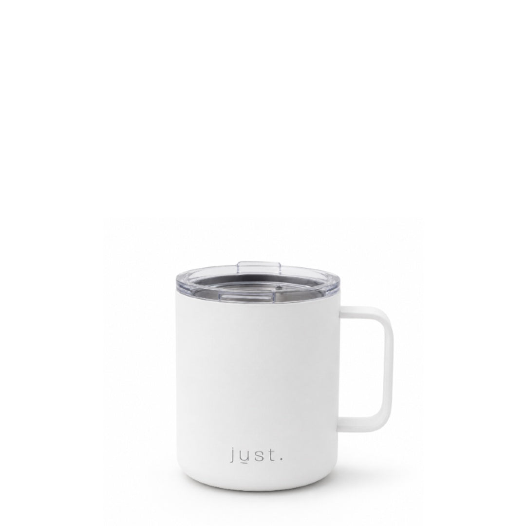 12oz (350ml) stainless steel camp mug in white, front view on a plain white background