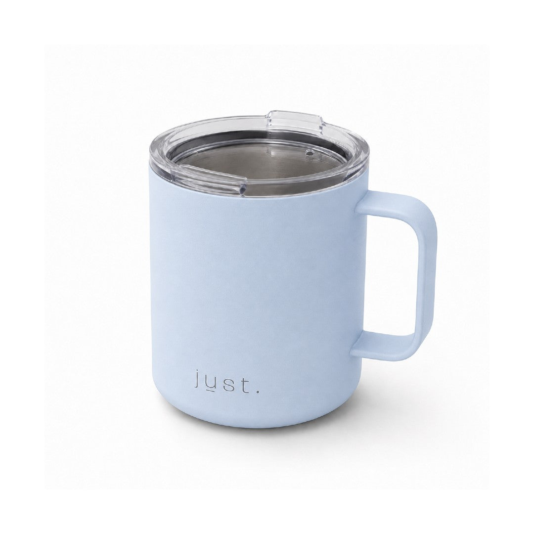 12oz (350ml) stainless steel camp mug in light blue, side angle view on a plain white background