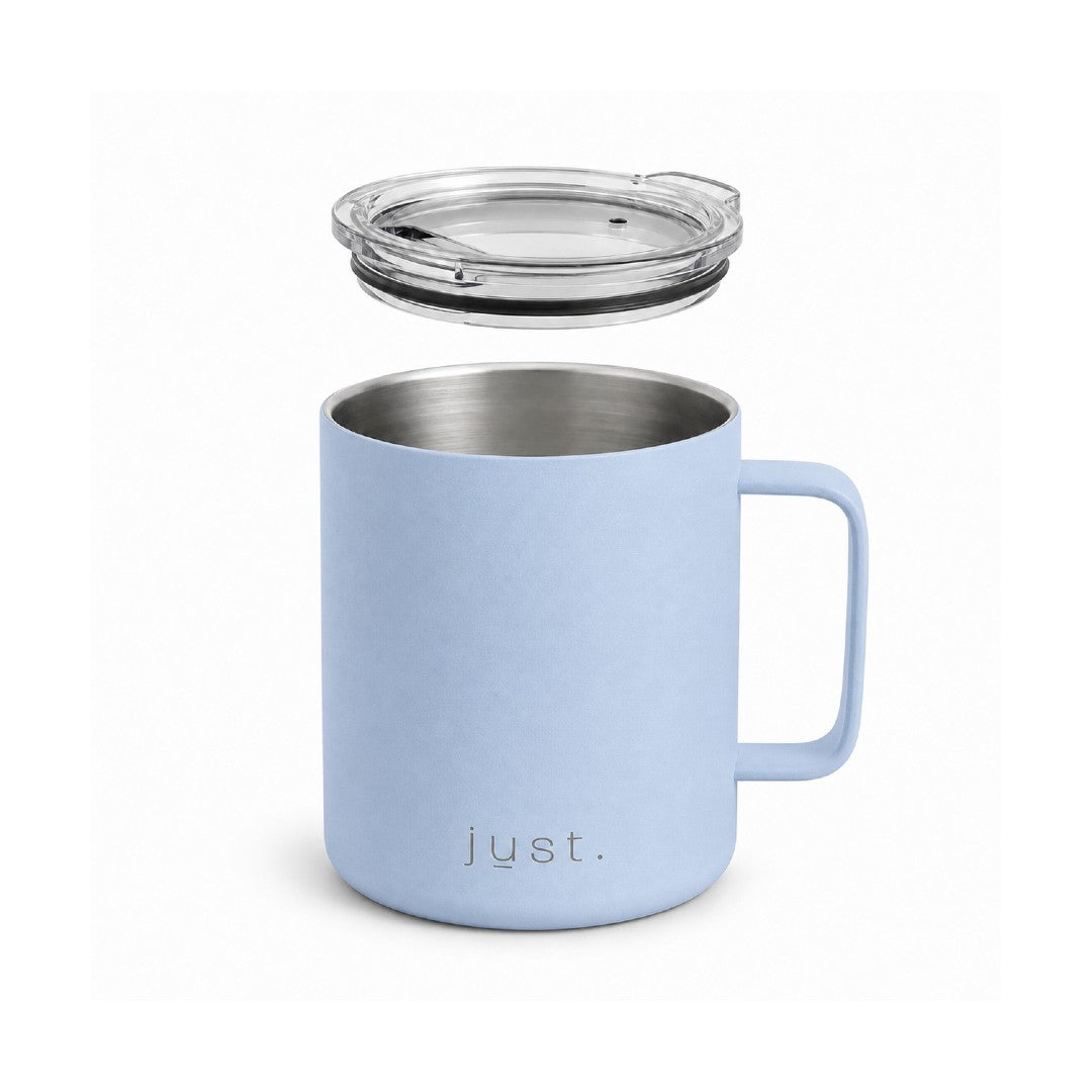 12oz (350ml) stainless steel camp mug in light blue, front view on a plain white background with lid hovering above the mug